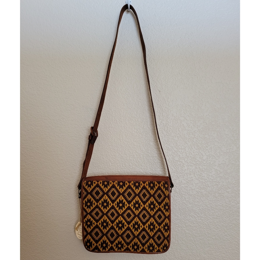 NWT Womens leather and textile Mexican style messenger bag